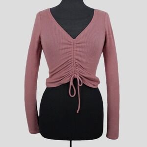 Hollister Ribbed Ruched V-Neck Long Sleeve Cropped Top XS‎ Pink Mauve Drawstring